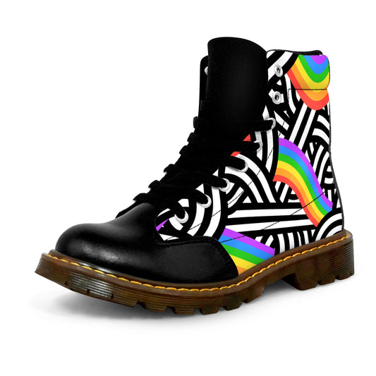 Winter Round Toe Women's Boots - Black & White with Rainbows