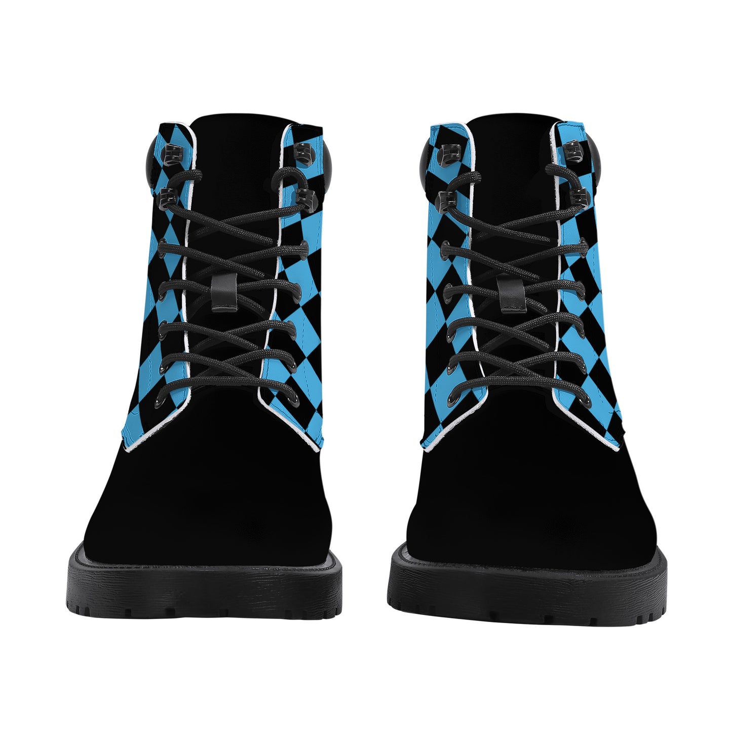 Unisex Synthetic Leather Boots With Cuff - Blue Checkers