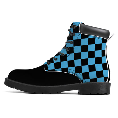 Unisex Synthetic Leather Boots With Cuff - Blue Checkers